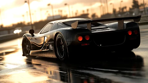 Sunlit racetrack sprint with a sleek wet supercar.