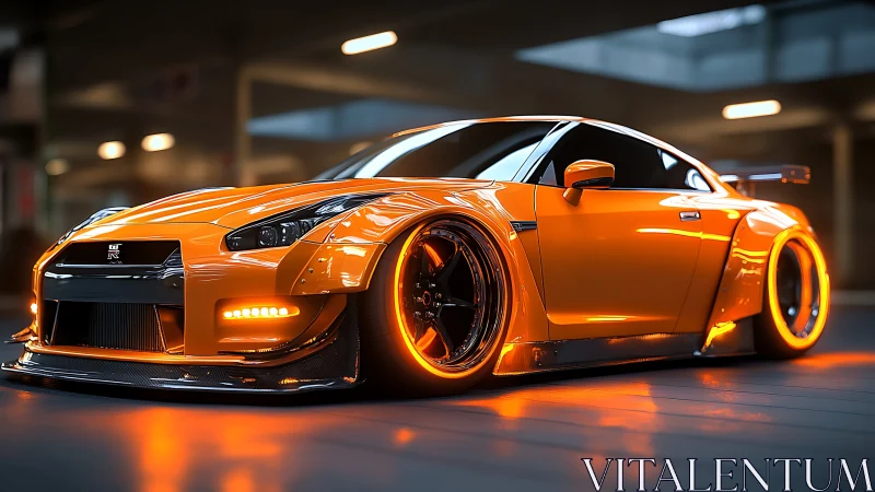 Glowing orange sports car shining in a sleek city garage.