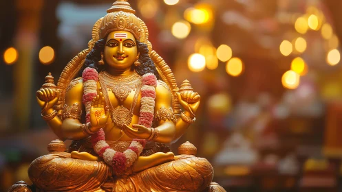 Radiant golden Hindu deity statue glows in warm temple light