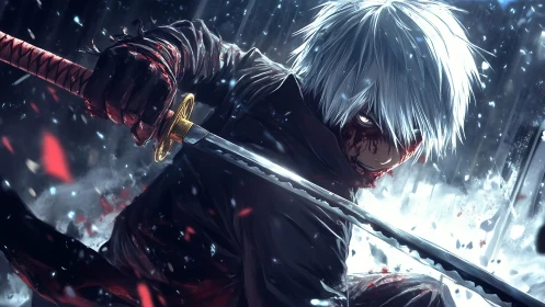 White-haired swordsman holds bloodstained katana in rainfall