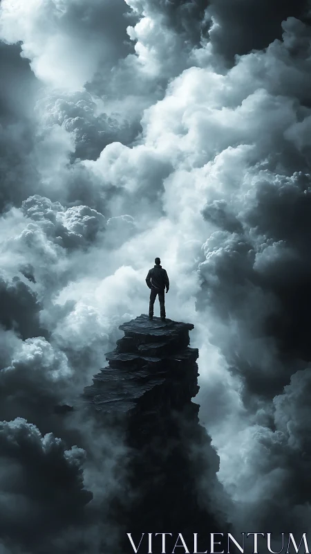Solitary dreamer stands on a cliff shard above storm clouds.