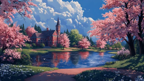 Springtime chapel by a reflective pond under cherry blooms.