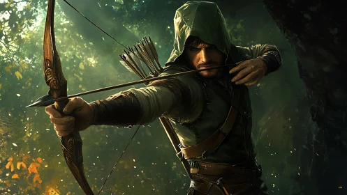 Hooded forest archer draws bowstring with lethal precision