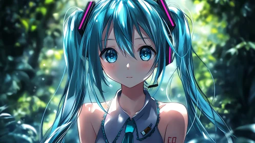 Blue haired anime girl with headset in forest light.