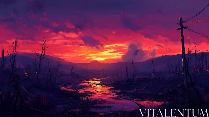 Post-apocalyptic floodplain under incandescent magenta sunset.