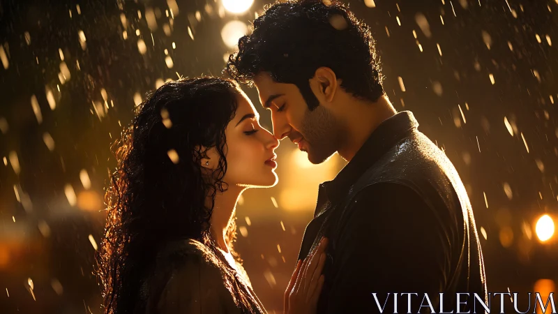 Two figures positioned closely in backlit rain scene with golden hour lighting