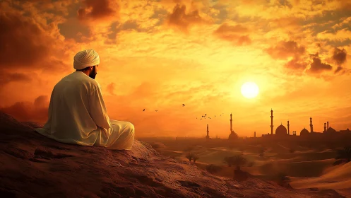 Man in desert watching sunset over distant mosque skyline.