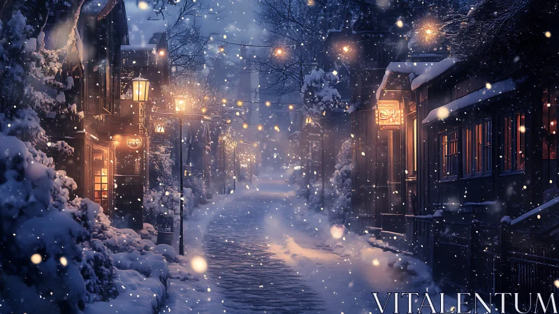 Snowlit village lane glows with lanterns and winter hush.