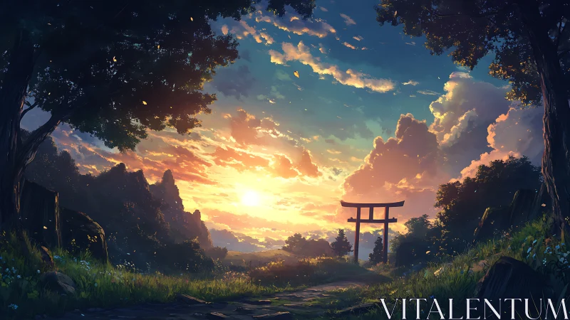 Sunlit torii gate crowns lush valley under glowing clouds.