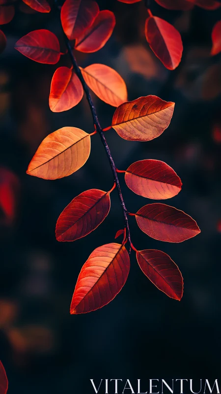 Crimson autumn leaves glow against deep shadowed background.