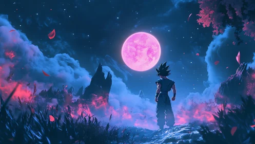 Anime nocturnal landscape with warrior under neon moon glow.