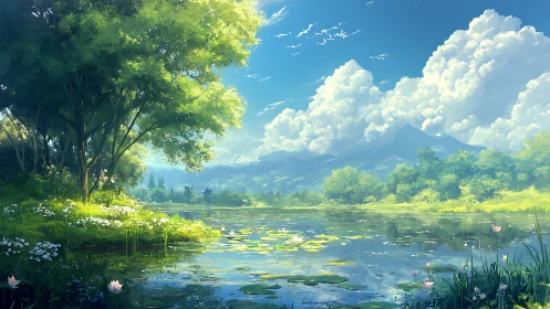 Calm lakeside landscape under bright summer sky.