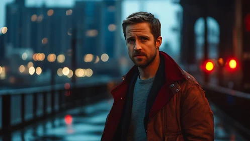 Pensive man on rainy city bridge at dusk bokeh lights.