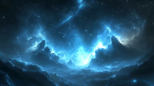 Starlit cosmic waves rise in a glowing blue nebula seascape