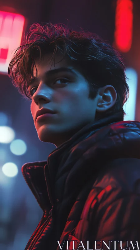 Moody neon portrait of young man in urban night scene.
