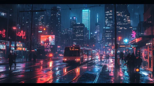 Rainy night tram moves through neon city street scene