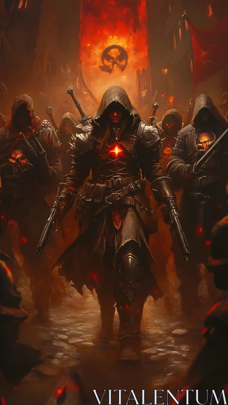 Ember-hearted gunslinger leads a hooded infernal vanguard.