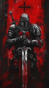 Armored knight grips greatsword before blood-red banner