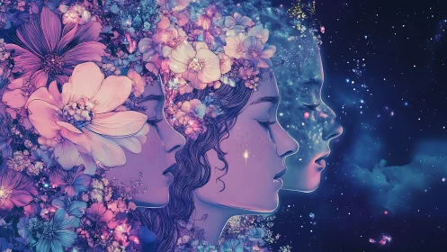Floral cosmic triptych of evolving female profiles in starlight.