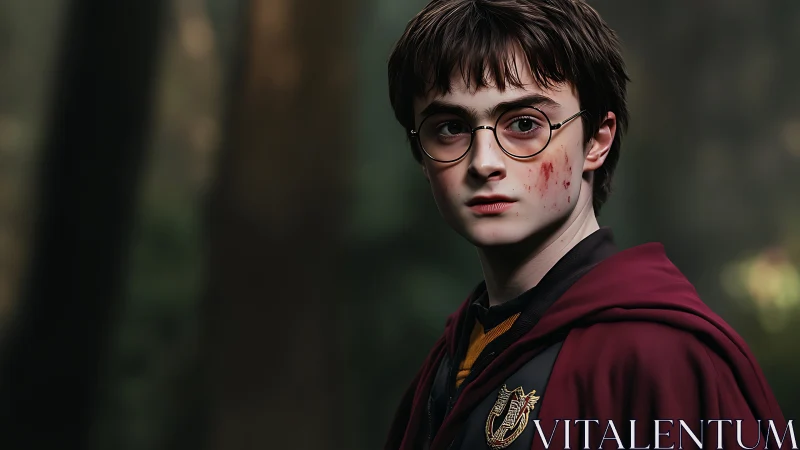 Young robed boy with glasses stands in dim forest setting