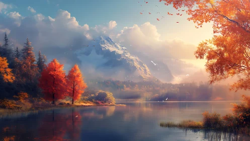 Mountain lake landscape with autumn trees and distant peaks.