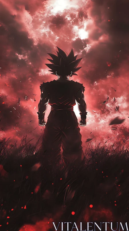 Lone warrior stands against burning stormlit sky