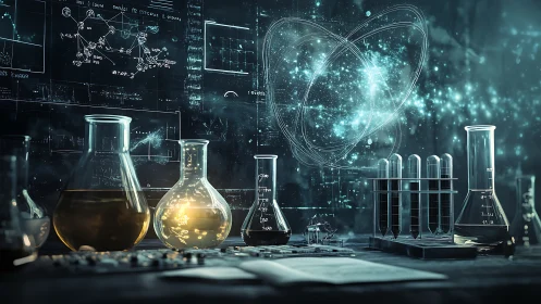 Quantum lab glassware beneath luminous atomic schematics.