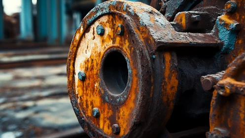 Rusty circular metal machinery part shows heavy corrosion