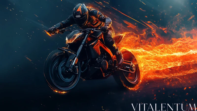 Dynamic 3D render of flaming sport motorcycle in motion blur.