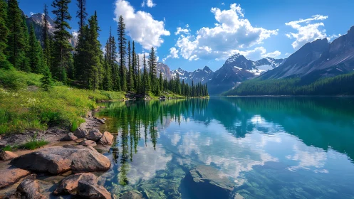 Alpine conifer shoreline mirrored in turquoise glacial lake