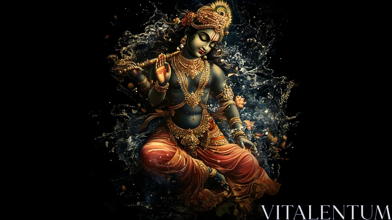 Divine flute player in ornate golden attire on black field.