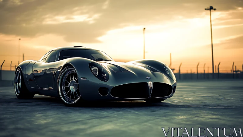 Low-angle view shows sleek silver supercar on racetrack at dusk
