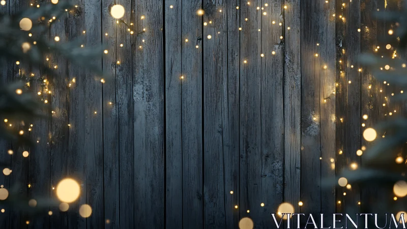 Soft golden fairy lights glow against rustic winter wood