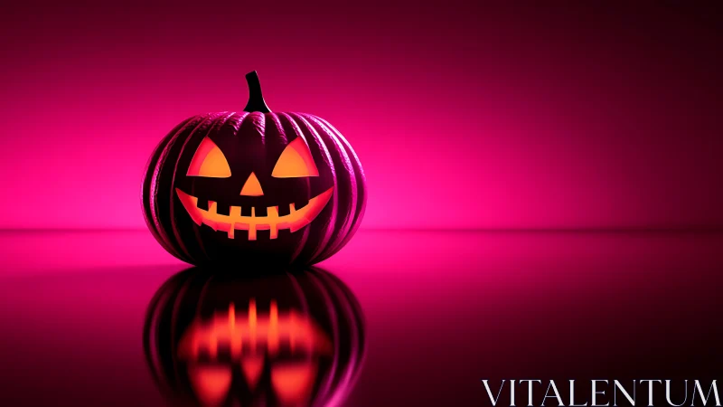 Neon pink jack o lantern with internal glow on glossy surface