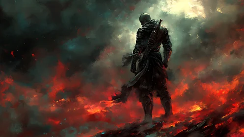 Lone ashwalker strides through ember storms of war.