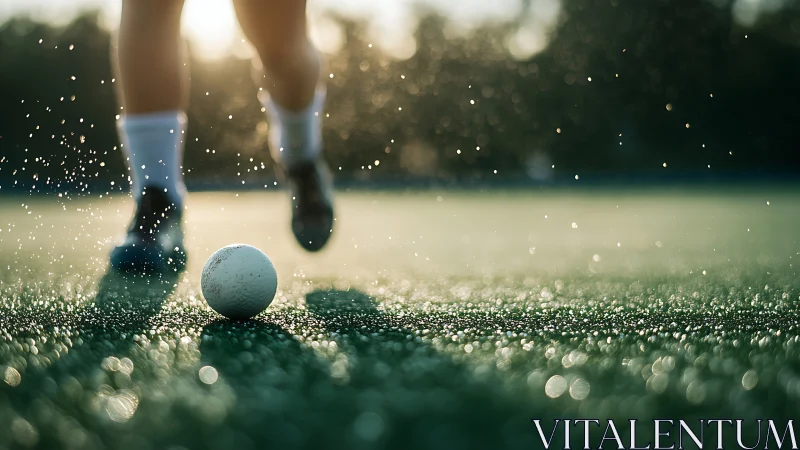 Low-angle sports shot isolates wet turf ball with shallow depth of field