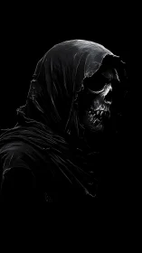 High-contrast hooded skeletal figure rendered in monochrome chiaroscuro