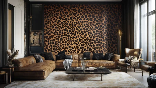 Leopard Luxe: Bold Feline Wallpaper Drama Meets Leather Opulence.