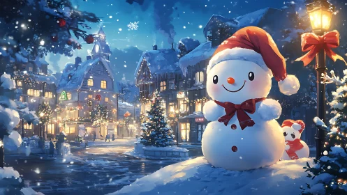 Snowman in illuminated winter town square at night.