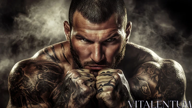 Intense tattooed fighter portrait rendered in dramatic low key