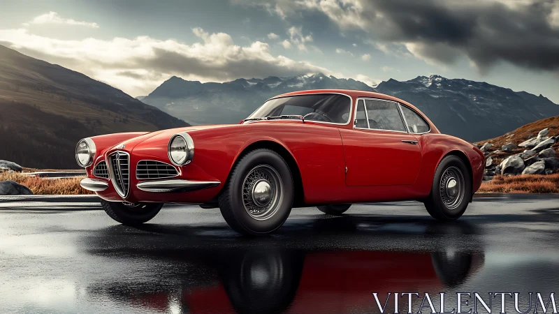 Classic red coupe poised on wet alpine roadside at dusk.