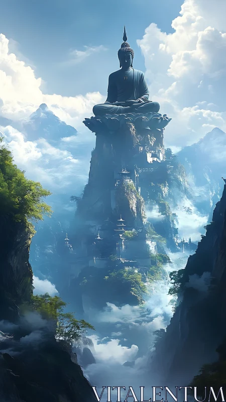 Mountain temple landscape with monumental seated Buddha.