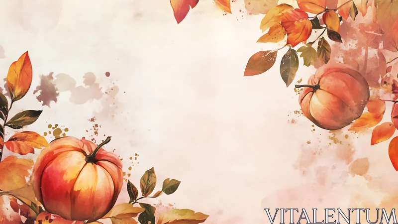 Autumn pumpkins with watercolor foliage on soft canvas border.