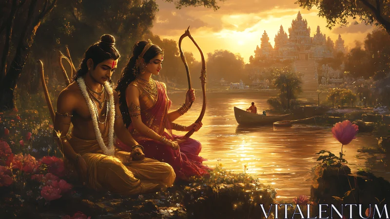 Divine lovers by golden river, bow cradled in sunset hush.
