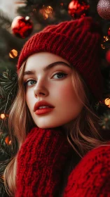 Cozy holiday portrait wrapped in warm red knitwear.