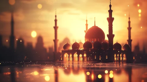 Golden sunset mosque skyline rendered in soft bokeh light.