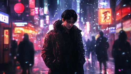 Solitary figure in neon city street under winter rainfall.