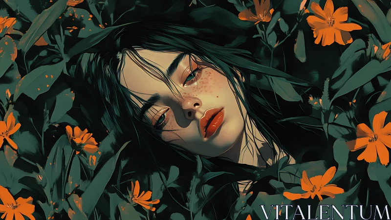 Digital portrait of freckled woman framed by saturated orange flora