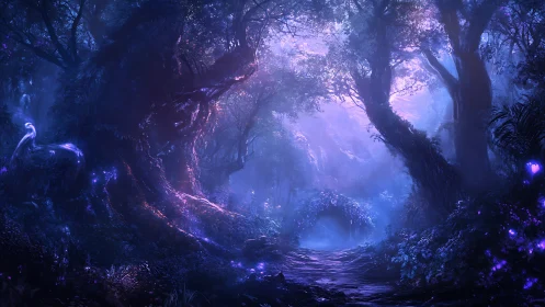 Luminescent Forest Cavern with Ethereal Bioluminescent Flora