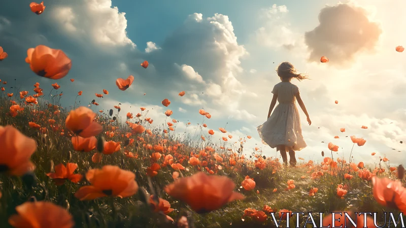 Girl walks through glowing poppy field under stormlit skies